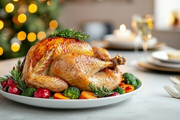 A large turkey is sitting on a plate with a variety of vegetables and garnishes