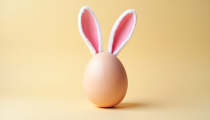 Fototapeta premium Decorated egg with bunny ears standing against a bright yellow background