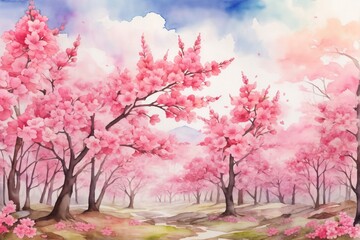 Watercolor Cherry Blossom Forest Wallpaper, Watercolor Cherry Blossom Flower Forest Landscape, Watercolor Painting of Sakura Flower Forest Scenery, AI Generative