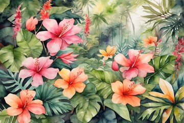 Naklejka premium Watercolor Tropical Lush Flower Background, Tropical Flower Forest Wallpaper, Watercolor Painting of Exotic Forest, Forest Background, Tropical Forest, Lush Greenery, AI Generative