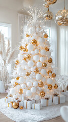Modern minimalist Christmas tree made of geometric shapes with white and gold ornaments