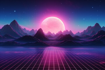 Fototapeta premium Vaporwave Landscape background, Synthwave wallpaper, sunset with mountains and palm trees, Retro 80s science fiction background, Synthwave 90s neon background, sci fi sunset Scenery, AI Generative