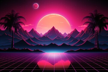 Naklejka premium Retrowave wallpaper, Vaporwave Landscape, Synthwave background, Aesthetic Retro Wave mountain, futuristic sunset landscape, Neon retrowave landscape, AI Generative