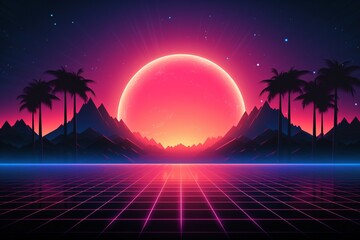 Naklejka premium Retrowave wallpaper, Vaporwave Landscape, Synthwave background, Aesthetic Retro Wave mountain, futuristic sunset landscape, Neon retrowave landscape, AI Generative