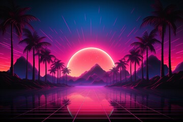 Naklejka premium Retrowave wallpaper, Vaporwave Landscape, Synthwave background, Aesthetic Retro Wave mountain, futuristic sunset landscape, Neon retrowave landscape, AI Generative