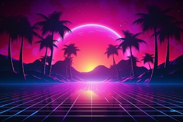 Fototapeta premium Retrowave wallpaper, Vaporwave Landscape, Synthwave background, Aesthetic Retro Wave mountain, futuristic sunset landscape, Neon retrowave landscape, AI Generative
