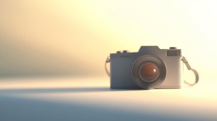 A silver digital camera with a black lens sits on a white surface with a soft, golden background.