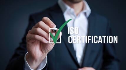 A man is holding a green check mark and writing the word ISO on it. Concept of certification and the importance of meeting certain standards