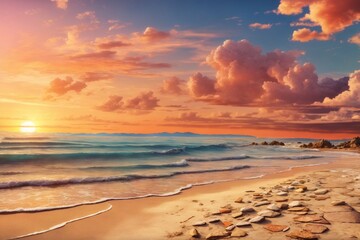 Obraz premium Sunset Beach Landscape Background, Sunset Beach Wallpaper, Beautiful Seascape, Colorful Sunrise over the Sea, A tranquil beach at sunset, Sunset Background, AI Generative