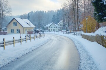 A snowy road with houses on either side