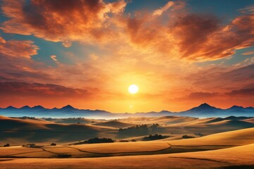 Obraz premium Sunset Landscape Background, Sunset Scenery Wallpaper, Sunset Background, Beautiful Sunset Wallpaper, Nature Wallpaper, Sunrise Wallpaper, AI Generative