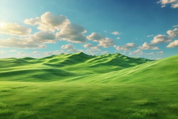 Obraz premium Green Grass field on Small Hills and Blue Sunny Sky, Green Hills Wallpaper, Green Hills Landscape, Green Field Landscape, green meadow and blue sky, AI Generative