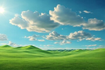 Fototapeta premium Green Grass field on Small Hills and Blue Sunny Sky, Green Hills Wallpaper, Green Hills Landscape, Green Field Landscape, green meadow and blue sky, AI Generative