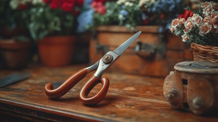 a pair of scissors with a wooden handle