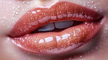 Soft Pink Lip Gloss on Glossy Lips with Sparkles Set Against a Soft Pink Background, Perfect for Beauty and Cosmetic Promotions or Advertisements