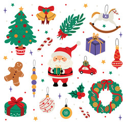 Christmas set with Santa Claus, tree, gifts, wreath, gingerbread, candy cane, rocking horse, ornaments, bells, holly, and festive decorations. Color winter illustration with white isolated background.