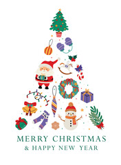 Christmas greeting card design. Festive tree illustration made of holiday elements, including Santa, snowman, gifts, wreath, ornaments, and decorations. Vector illustration on white background