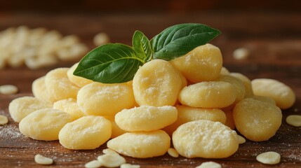 a pile of gnocchi with a leaf
