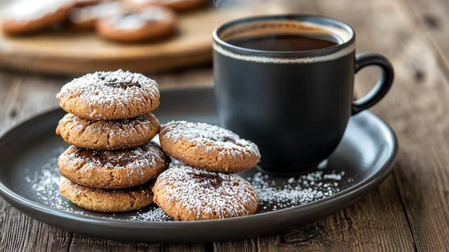 Four shortbread cookies, dusted with powdered sugar, are neatly stacked on a dark gray plate