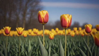 Vibrant yellow and red tulips blooming in a sunny field on a clear day with copy space