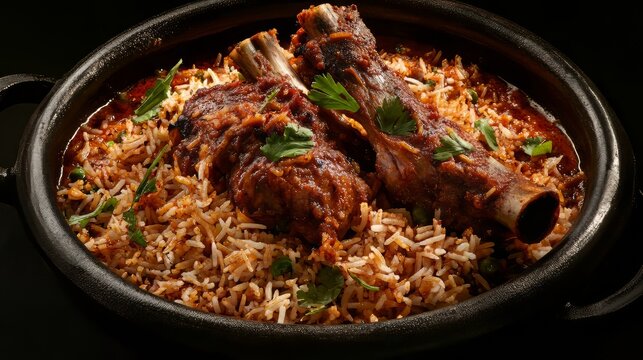 Indian meat biryani, spicy mutton biryani food photography. indian food. Ultra realistic. Photorealistic hypermaximalist advertising photography hyper realistic fine detail