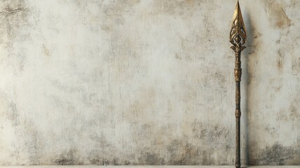 Decorative spear with intricate metal design against textured wall background