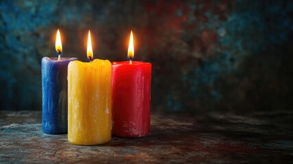 Three colorful candles burning with vivid, textured backdrop