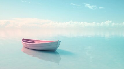 Naklejka premium A small pink rowboat floats in the middle of a calm, still body of water. The water is a soft, pastel blue with a hint of purple in the distance. The sky is a pale blue with fluffy white clouds.