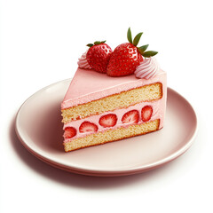 Illustration of a strawberry cake slice with whipped cream on a white plate. 