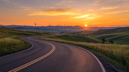 Fototapeta premium Scenic Winding Road Sunrise Wind Turbines Green Hills Countryside Landscape