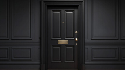Fototapeta premium Elegant Black Door with Gold Hardware Dark Paneling Wall