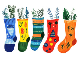 Whimsical Christmas Socks Illustrated in a Playful, Childlike Style