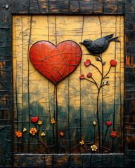 Rustic artwork of a red heart with a bird and flowers on a textured wooden background.