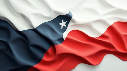 Close-up of a waving fabric featuring a flag with red, white, and blue colors and a single white star on a blue background.