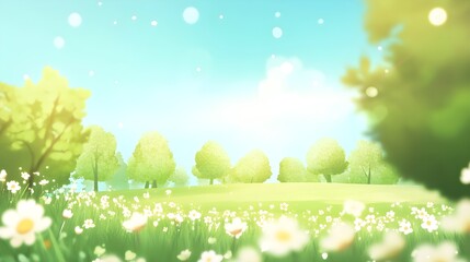 Obraz premium Tranquil Landscape with Lush Green Grass, Vibrant Trees, and Blooming Wildflowers Under a Bright Blue Sky on a Serene Day