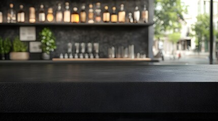 Modern Bar Counter with Elegant Backdrop and Illuminated Shelves Showcasing Bottles and Greenery in a Stylish Urban Setting