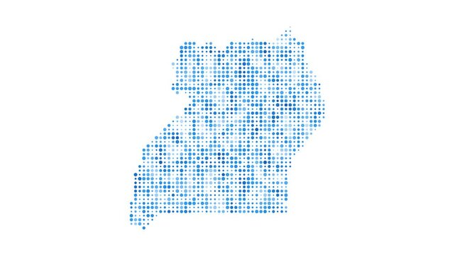 Uganda dotted digital map. Map of Uganda with pulsating colored circles. Shape of the country filled with blue disks. Neat video.