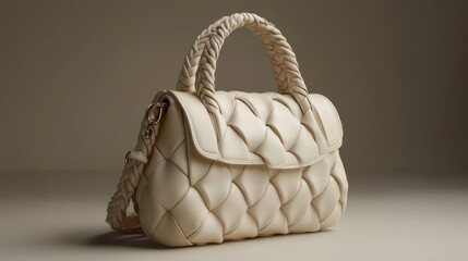 a white handbag with a woven strap