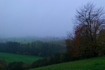 Fog outside the city on a cloudy autumn day in Bavaria.