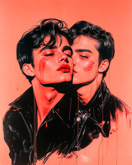 Retro-inspired artwork of two men in black leather jackets sharing an intimate moment on a peach background.