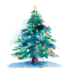 A watercolor painting of a Christmas tree with colorful lights, isolated on a white background. Christmas tree vector.