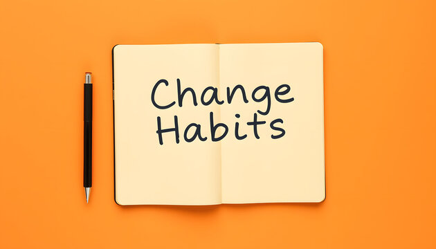 Open notebook with phrase Change Habits on orange background, top view. Space for text isolated with white highlights, png