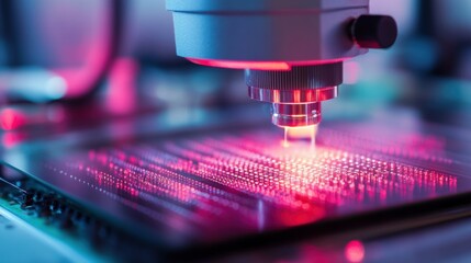 A detailed view of semiconductor fabrication, showing a precision machine working on a microchip in a high-tech manufacturing facility.
