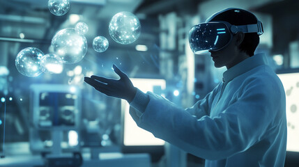 Scientist in VR Headset Interacting with Holographic Data Spheres
