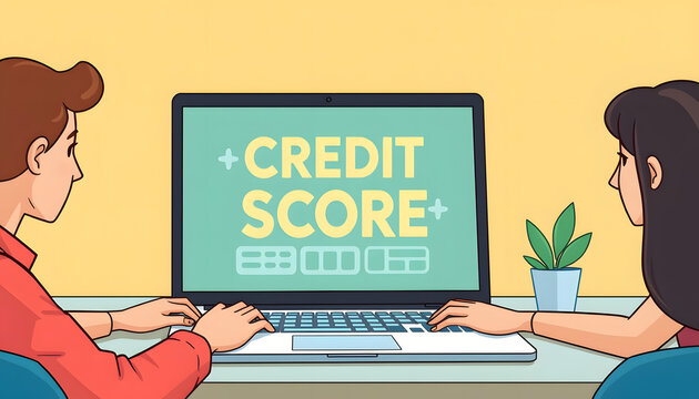 People using laptop and CREDIT SCORE concept on screen isolated with white highlights, png
