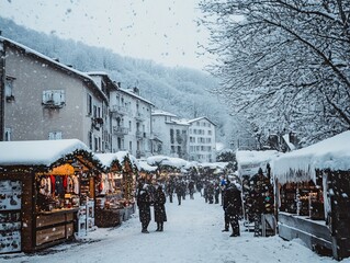 Naklejka premium Charming Christmas Market Blanketed in Snow, Capturing the Essence of Winter