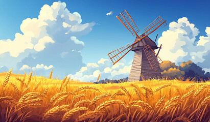 Fototapeta premium Cartoon illustration of a windmill in a field of wheat. The sky is blue and there are some clouds.