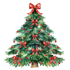 A watercolor painting of a Christmas tree with a red bow tie, isolated on a white background. Christmas tree vector.