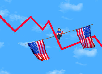 An investor businessman treads carefully on a high wire made of a stock market chart as he traverses the USA economy in a 3-d illustration.. © Rob Goebel