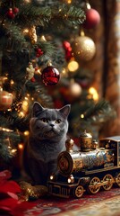 Curious gray cat sitting under a Christmas tree decorated with red and gold ornaments, gazing at a detailed toy train